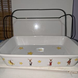 Vtg Decorative White Ceramic Santa's Reindeer Serving Dish with Star Design